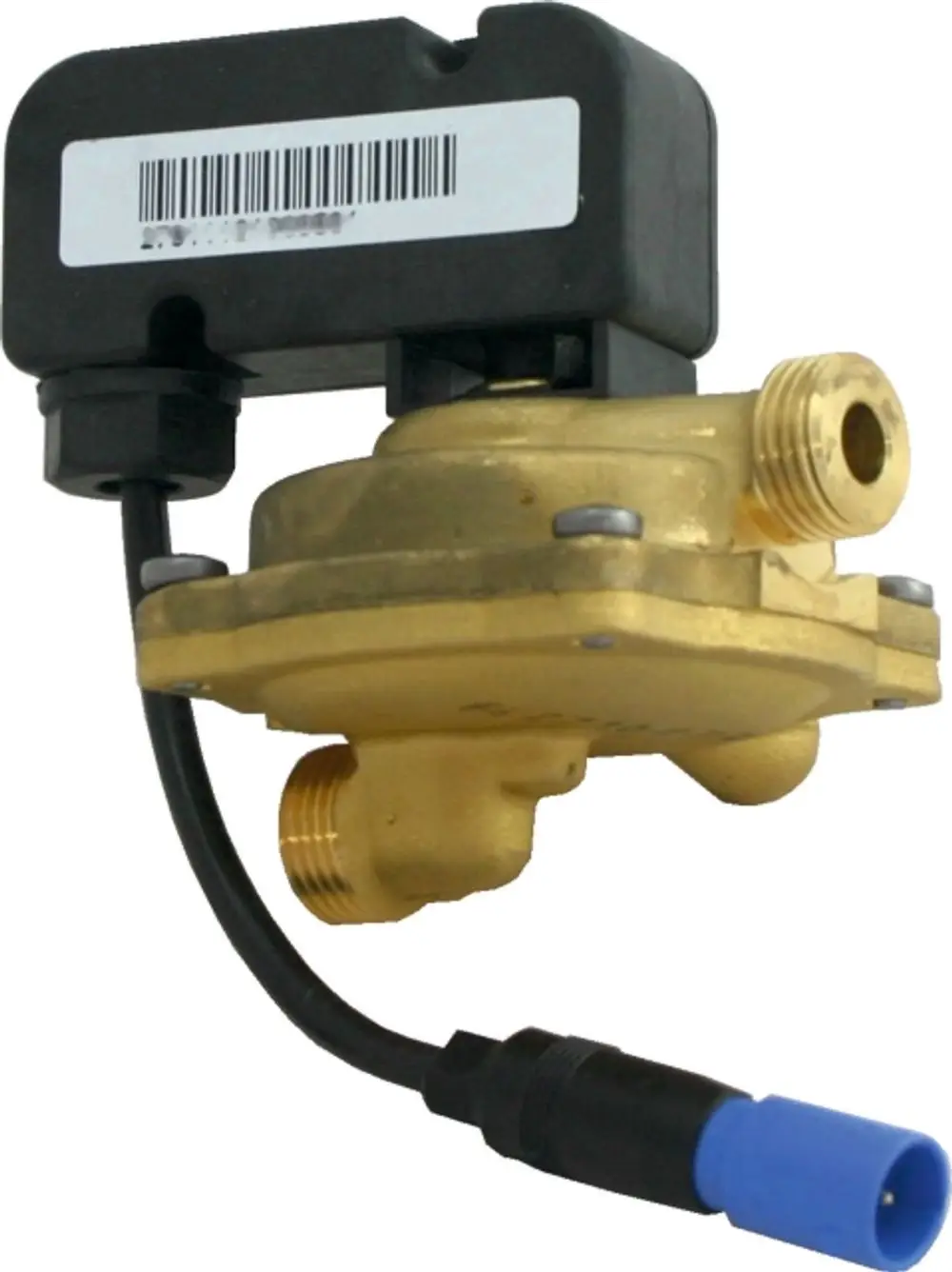 Wasserschalter mit integriertem Wassermengenregler, hergestellt von Wolf. Auf dem Bild ist das Produkt mit einem elektrischen Anschluss und mehreren Gewindeanschlüssen abgebildet.